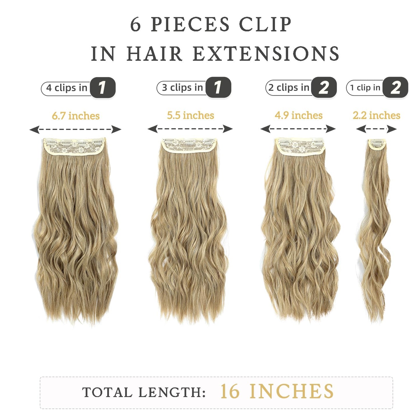 Clip in Hair Extensions, 6 PCS Natural & Soft Hair & Blends Well Hair Extensions, Long Wavy Hairpieces(16inch, 6pcs,Mixed Dirty Blonde)