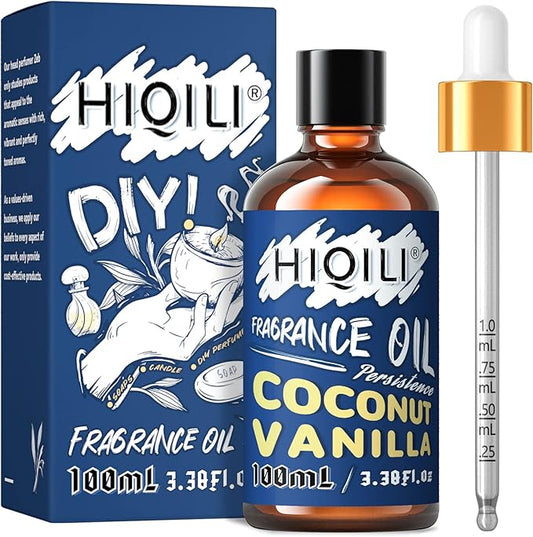 HIQILI Coconut Vanilla Fragrance Oil 100ml, Essential Oil for Diffuser Soap Candle Making Slime Scents, Scented Oils for Aromatherapy Car Freshies 3.38 Fl Oz