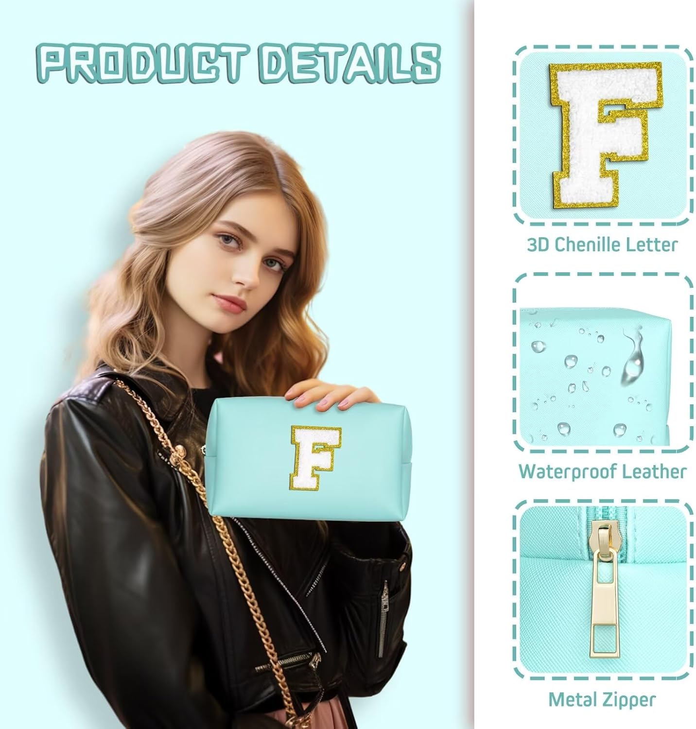 TOPEAST Personalized Birthday Gifts for Women, Preppy Patch Makeup Bag, Chenille Letter Pouch Cosmetic Bag, Travel Organizer, Birthday Gifts for Friends, Cute Stuff (Blue L)