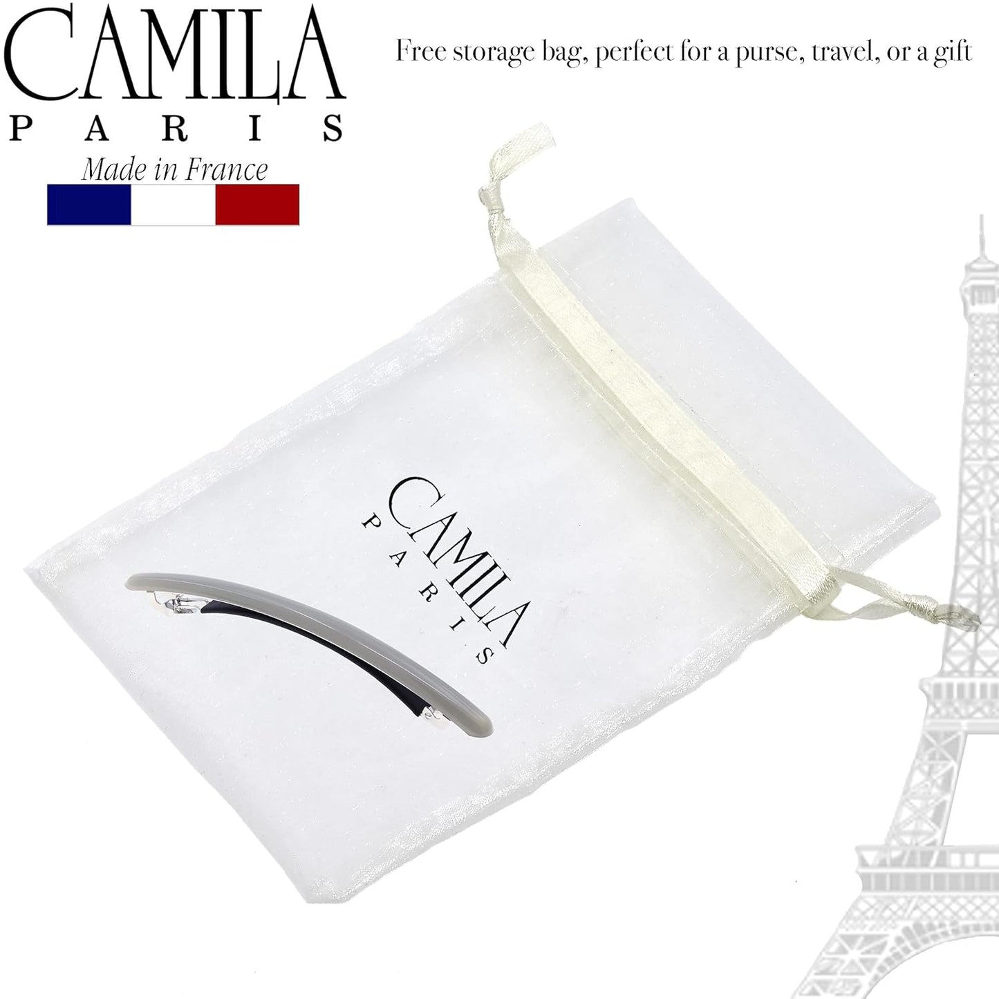 Camila Paris CP3252 French Hair Barrette Large Gray, Long Skinny Strong Hold Grip Hair Clips for Women, Thin Rubberized Automatic Clasp No Slip Durable Styling Girls Hair Accessories, Made in France