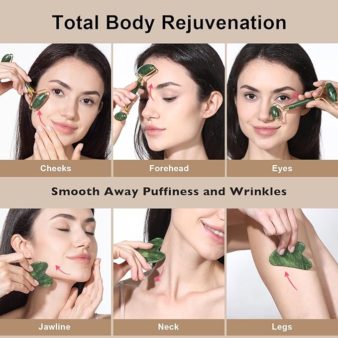 Gua Sha and Jade Roller Facial Tools for Face, Upgraded Face Roller for Wrinkles and Lifting, Face Massager and Gua Sha Set for Puffiness and Skin Care, Guasha Tool for Women and Men (Green)