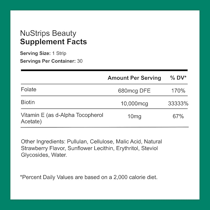 Beauty in a Strip™ | Strawberry Flavored Oral Strips with Biotin, Folate and Vitamin E | Vitamins for Hair, Skin & Nails | Maximum Absorption, Fast Results | 30 Individually Wrapped Strips