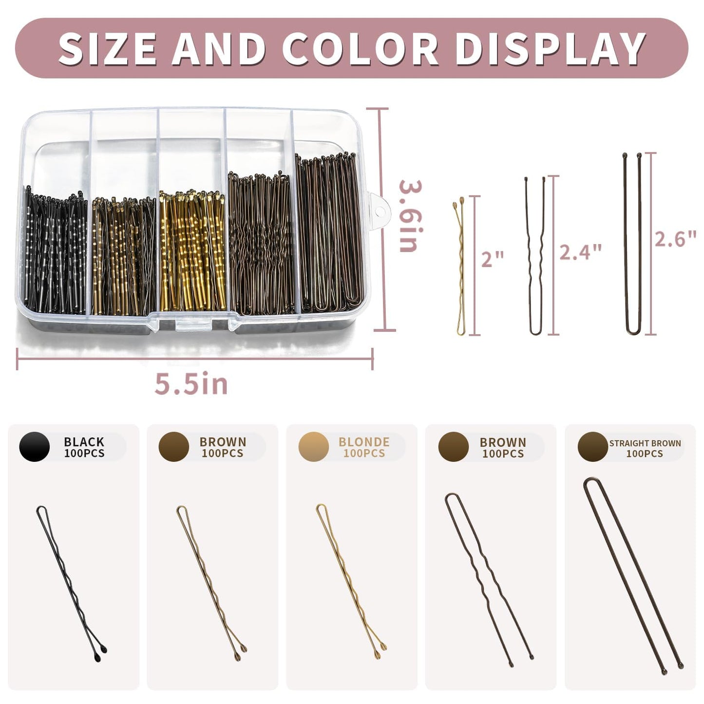 Bobby Pins and Hair Pins Combo Box 500PCS, Big Quantity Hair Pins Kit Black Brown Gold Bobby Pins and U Shape Brown for Styling Hair with Storage Box 2" / 2.4" / 2.6” for Women