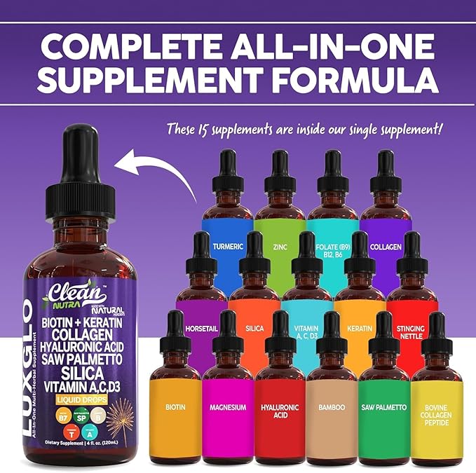 Biotin Liquid Drops Collagen Keratin Hyaluronic Acid Saw Palmetto for Hair Skin and Nails Silica Vitamin A C Vitamin D Bamboo Turmeric Zinc Folate Magnesium Horsetail LuxGlo by Clean Nutra - 5Pack