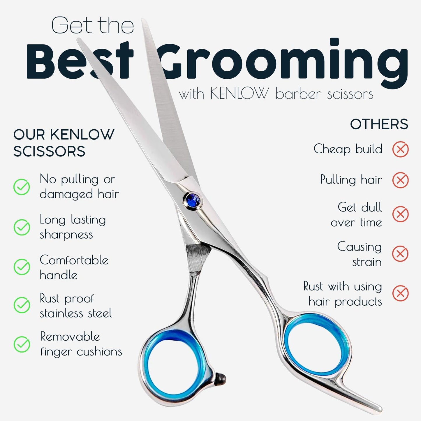 Hair Cutting Scissors, KENLOW Professional Hair Scissors With Comfortable Removable Finger Grips. Perfect As Hair Shears For Hair Cutting Or Barber Scissors. Haircut Scissors For Salon Or Home Use.