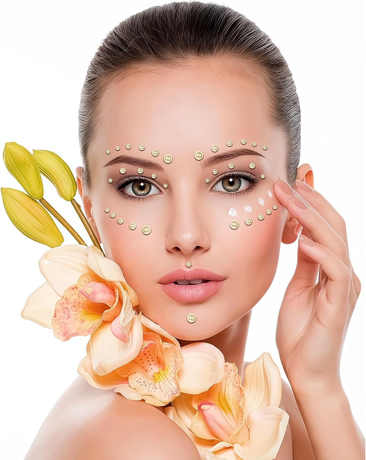 591pcs Face Gems Hair Gems Pearls, Self-Adhesive Face Jewels Eye Rhinestones 3/4/5/6/8 mm Face Gem Stick on, Halloween Makeup Gems Rave Accessories for Face Eyes Body Makeup (03.Beige Pearl)