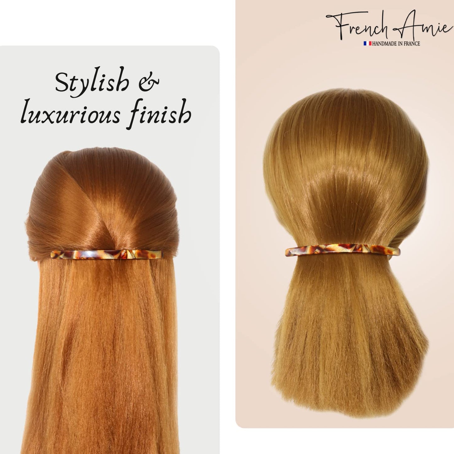 French Amie Long and Thin Caramel Large 4” Handmade Celluloid Automatic Sleek Hair Clip Barrette for Women and Girls (Caramel)
