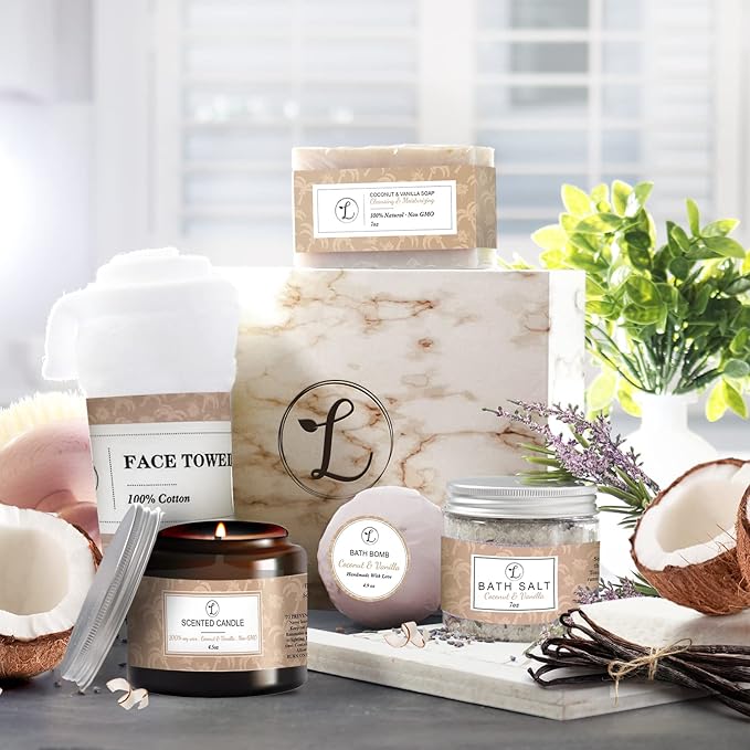 Spa Gift Set, Natural Coconut & Vanilla, Gift Box Includes: Bath Bomb, Bath Salt, Hand Soap, Scented Candle, Face Cloth and Gift Box. Best Gift for Her.