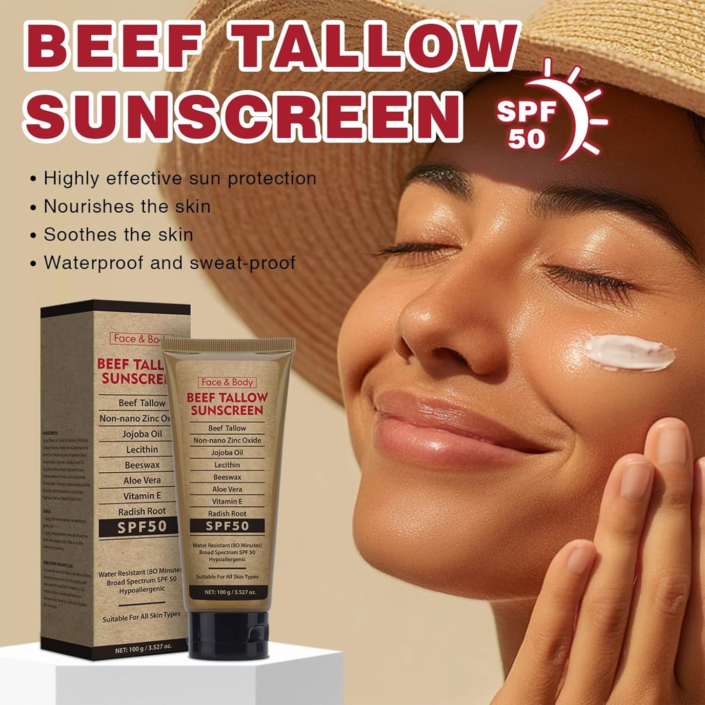 Beef Tallow Sunscreen for Face & Body, Natural Organic Sunscreen SPF 50, Beef Tallow for Skin Non Greasy, No White Cast, Fast Absorbing, Deep Moisturizing for Sensitive Skin, Summer Outdoor, 3.52 OZ