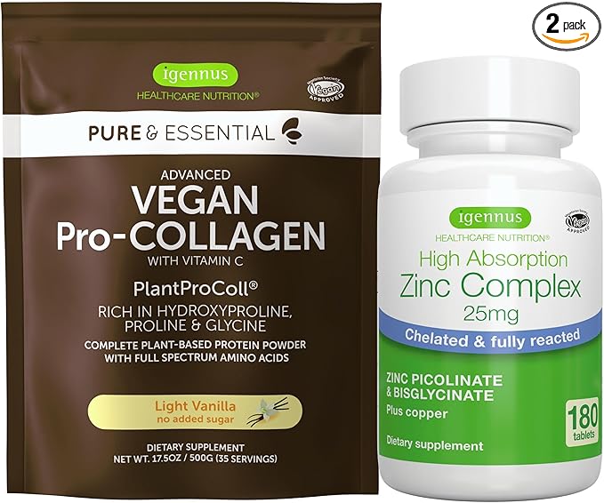 Vegan Vanilla Collagen Protein Powder + Zinc Complex Vegan Bundle for Skin, Hair & Nails. Complete Collagen Boosting Formula + 25mg Chelated Zinc, by Igennus