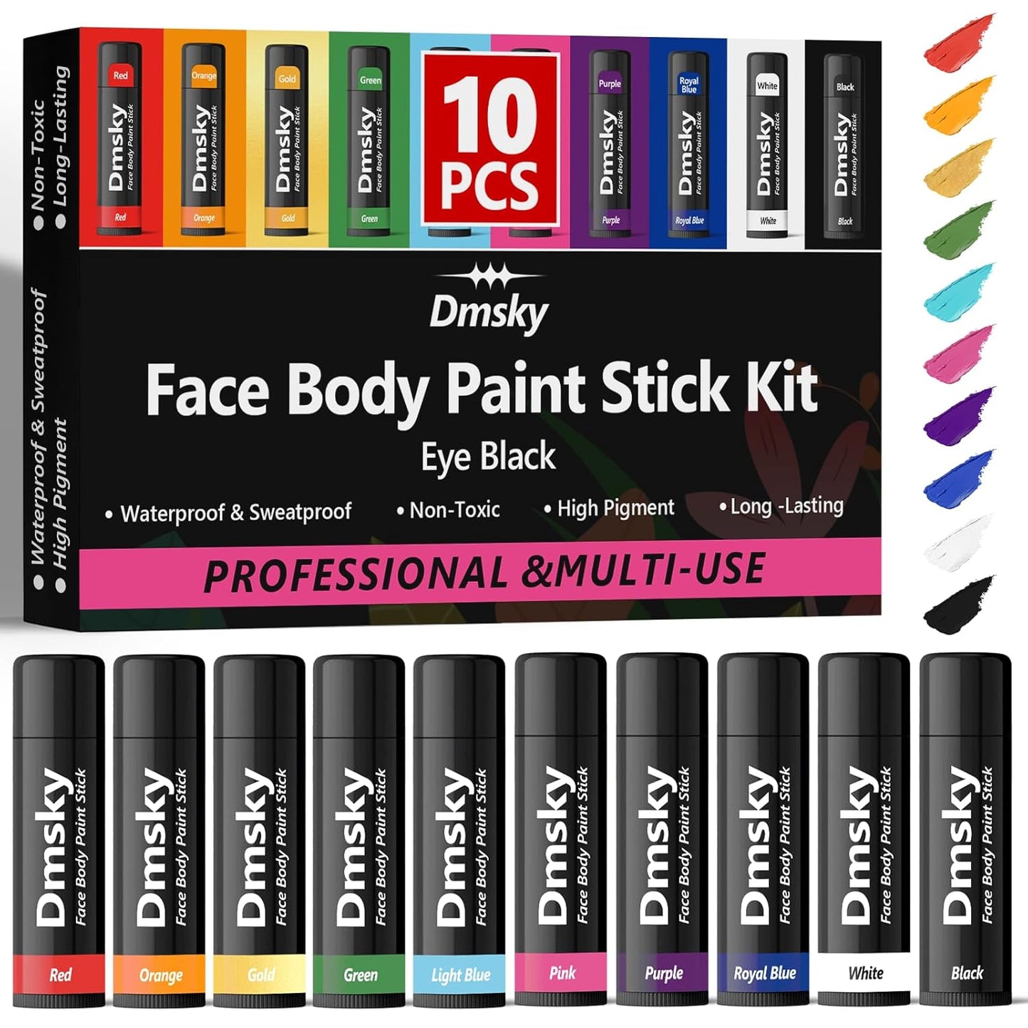 Dmsky 10 Packs Eye Black Sports Stick for Football, Baseball, Softball-Anti-Glare Face Body Paint Stick Kit,Water-Proof Eye Sports Paint Sticks,10 Color Eyeblack Painting Kit for Athletes & Fans