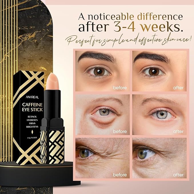 Caffeine Under Eye Balm: Hydrating Eye Brightener Stick Cream for Dark Circles & Puffiness, Anti-Wrinkle Korean Skincare Treatment with Retinol, Instant Cooling Glow for Eyes, Face & Bags