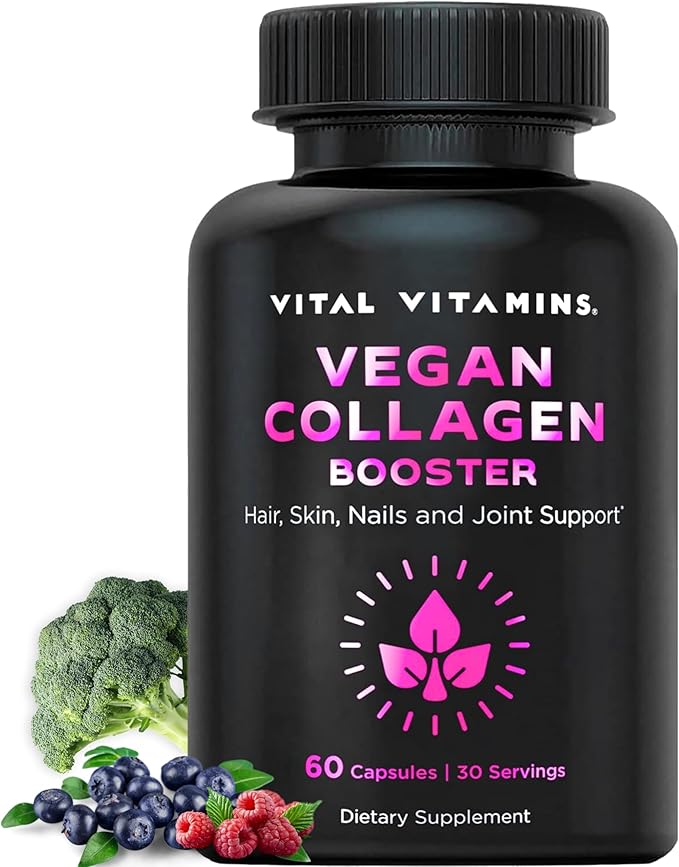 Vital Vitamins Vegan Collagen Booster - Plant-Based Collagen Supplements - Supports Hair, Skin, Nails & Joints - with Hyaluronic Acid - 60 Capsules