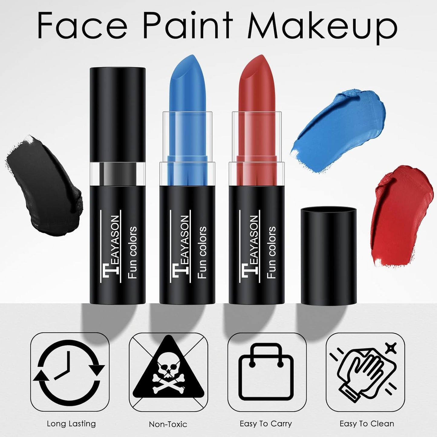 3 Colors Blue Black Red Face & Body Paint Stick, Eye Black Baseball Sticks for Baseball/Football/Halloween Accessories Vampire/Joker/Clown Makeup Cream Easy to Blend