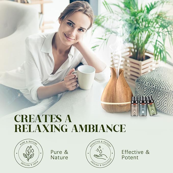 Essential Oils Set, Nature Scents Fragrance Oil Aromatherapy Essential Oils Kit for Diffuser (6x10ML) Sandalwood &Rose, Bamboo, Rain, Lavender &Chamomile, Fresh Cut Grass, Forest Pine Oil