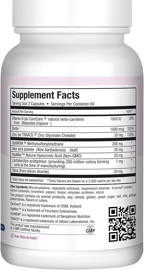 Hair Skin and Nails Vitamins for Women and Men with Hyaluronic Acid, Biotin, Vitamin A, Probiotics - Hair Vitamins for Hair Loss - Hair Growth Vitamins Supplement to Support Body Collagen, 60 Capsules