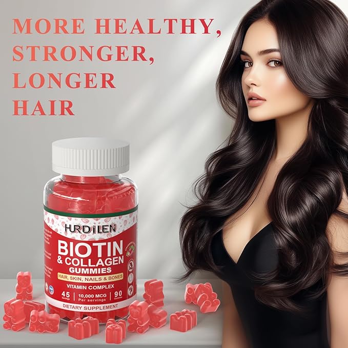 Hair Skin and Nails Gummies, 10000mcg Biotin Collagen Gummies for Women & Men, Vitamin Supplements Supports Faster Hair Growth, Stronger Nails, Healthy Skin, Strength Bone, 90 Gummies