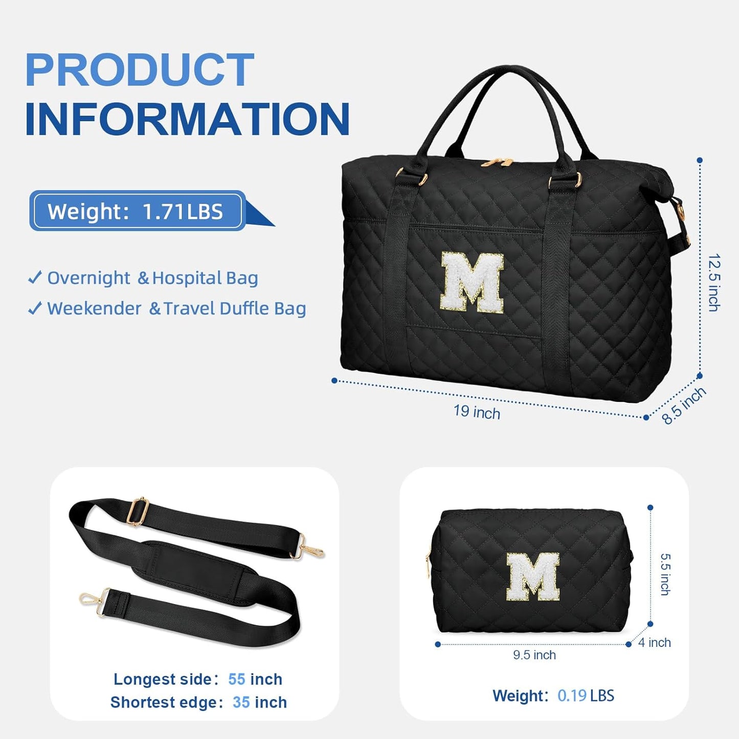 Gifts for Teen Girl, Initial Travel Duffle Bag, Personalized Women Weekender Overnight Bags, Gift for Daughter Kid Girl Wife Friend（Black,M)