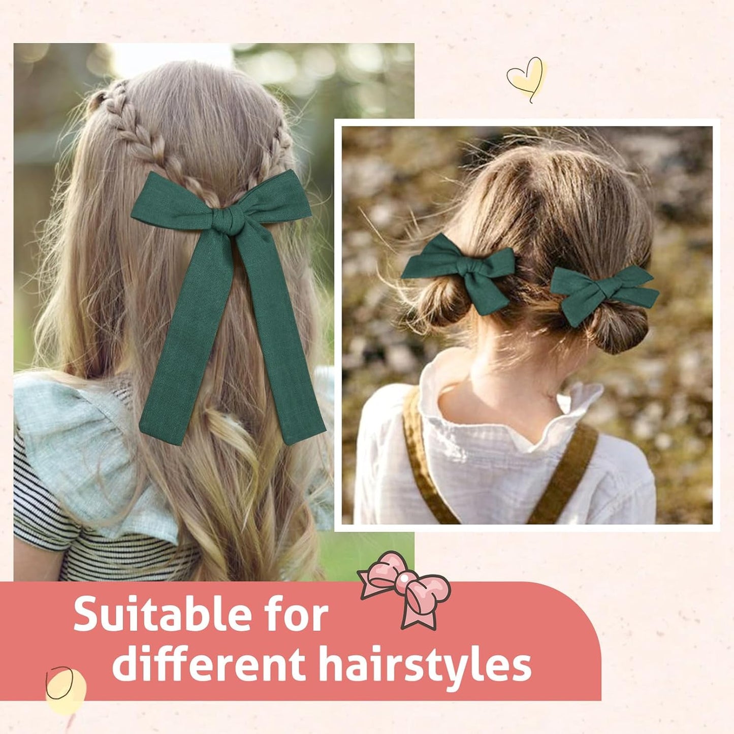 DEEKA Dark Green Cotton Linen Hair Bows 2 Sizes 5"&3.5" Soft Hair Bow set for Toddler Girls Long Ponytail Knot Bows Alligator Clip Hair Accessories for Little School Girls (Dark Green)