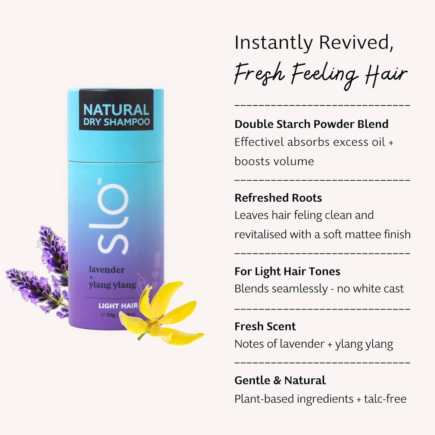 Slo | Natural Dry Shampoo Powder For Dark Hair - All Natural Ingredients, Vegan & Cruelty Free, Talc-Free Blend, Paper Packaging | Light Hair Lavender + Ylang Ylang | 2 Pack (2 x 1.23oz/35g)