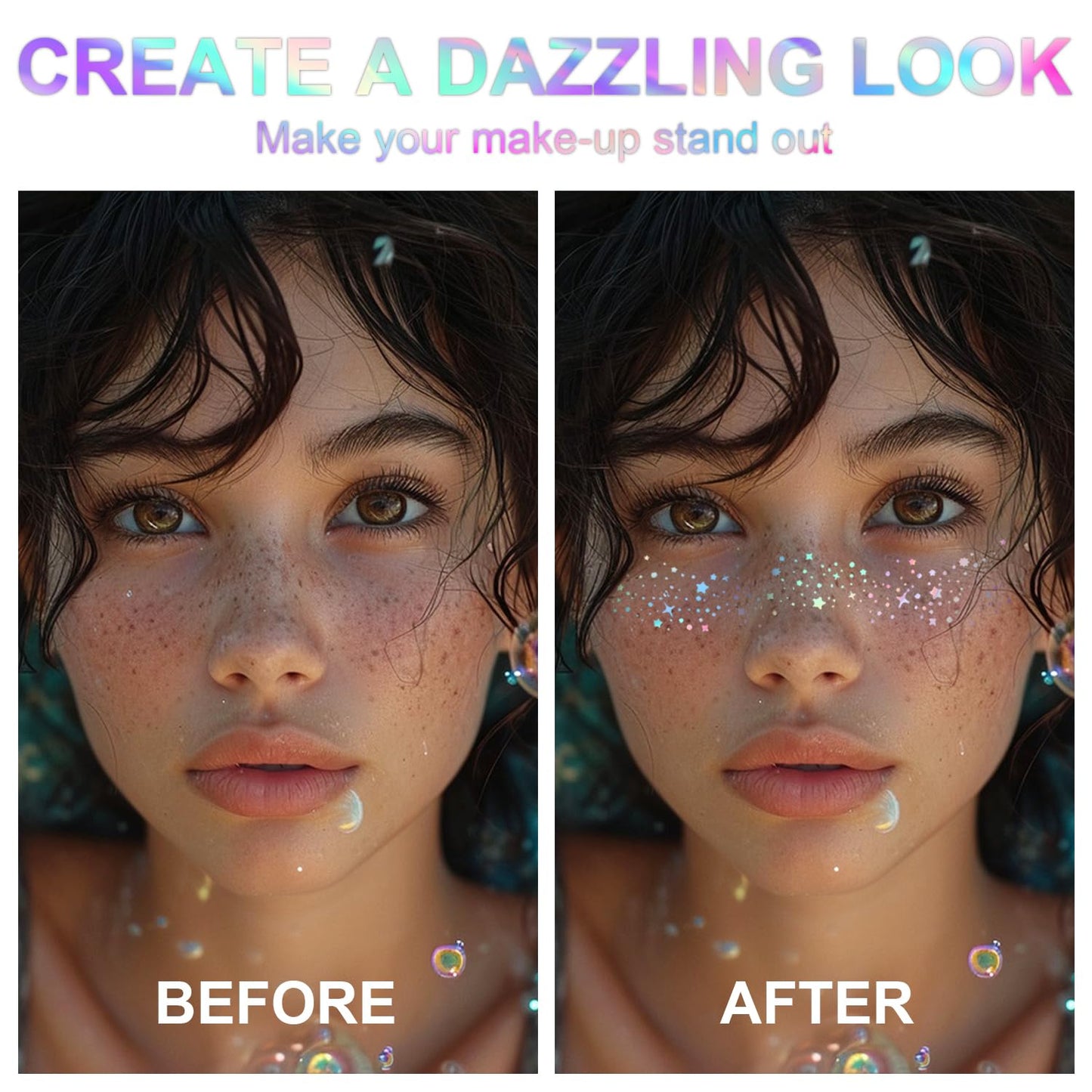 8 PCS Holographic Multicolor Glitter Freckles Face Tattoo, Makeup Patch, Faux Freckles Waterproof Temporary Tattoos Cute Glitter For Women and Kids Halloween Christmas (8PcsA Holographic Multicolor)