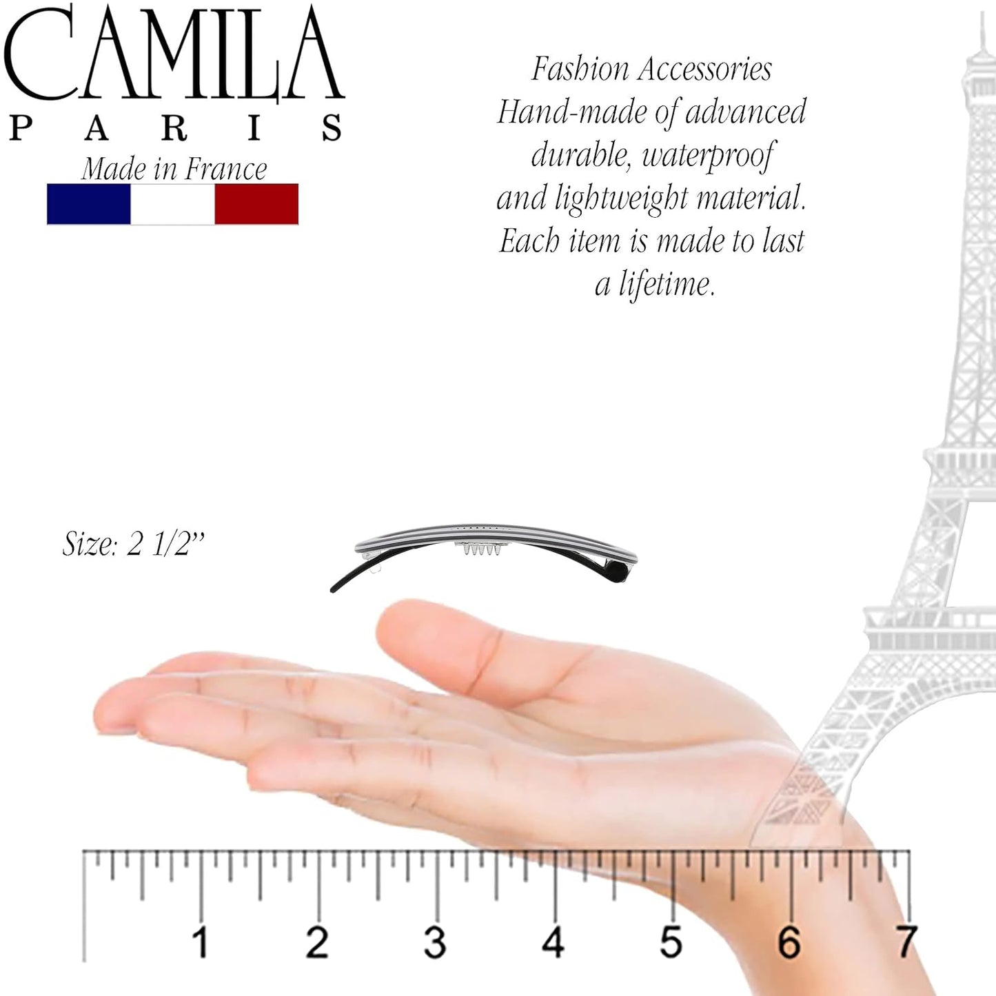 Camila Paris CP3366 French Hair Barrette Clip for Women, Handmade Gray White, Slide-in Metal-Free Closure, Strong Hold Grip Hair Clips for Girls, No Slip Durable Hair Accessories, Made in France
