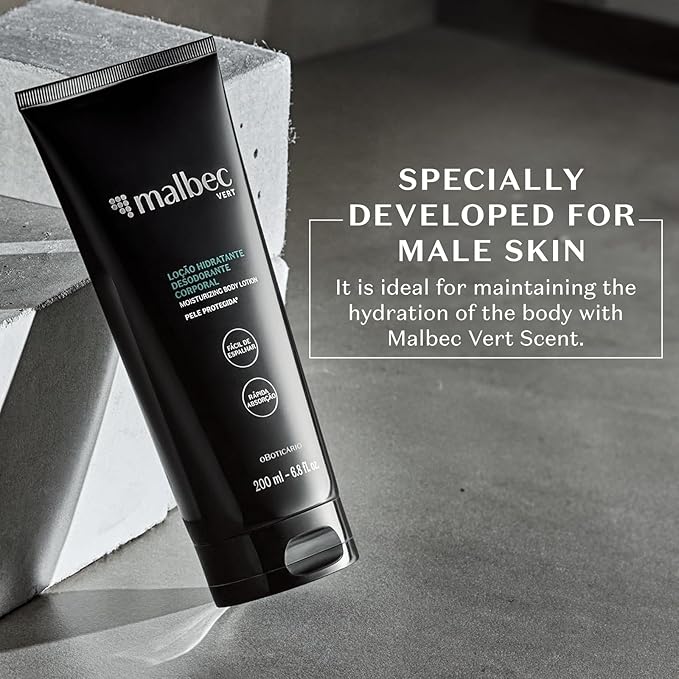 Malbec Vert Moisturizing Body Lotion for Men by O Boticário, Scented Moisturizer Non-Greasy Hydrating Cream for Dry Skin, 6.8 Ounce