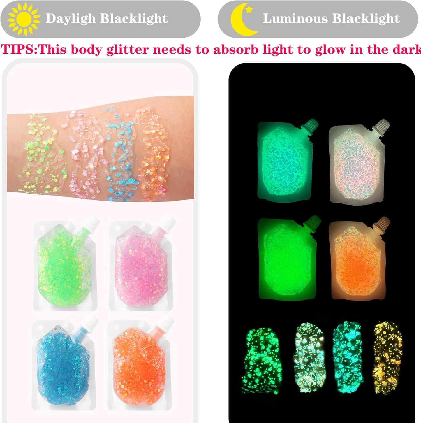MEICOLY Glow in The Dark Body Face Glitter Gel,Luminous Halloween Sequins Chunky Glitter, Self-Adhesive Neon UV Blacklight Glitter for Body Face Hair Festival Sparkling Body Glitter for Women,Blue