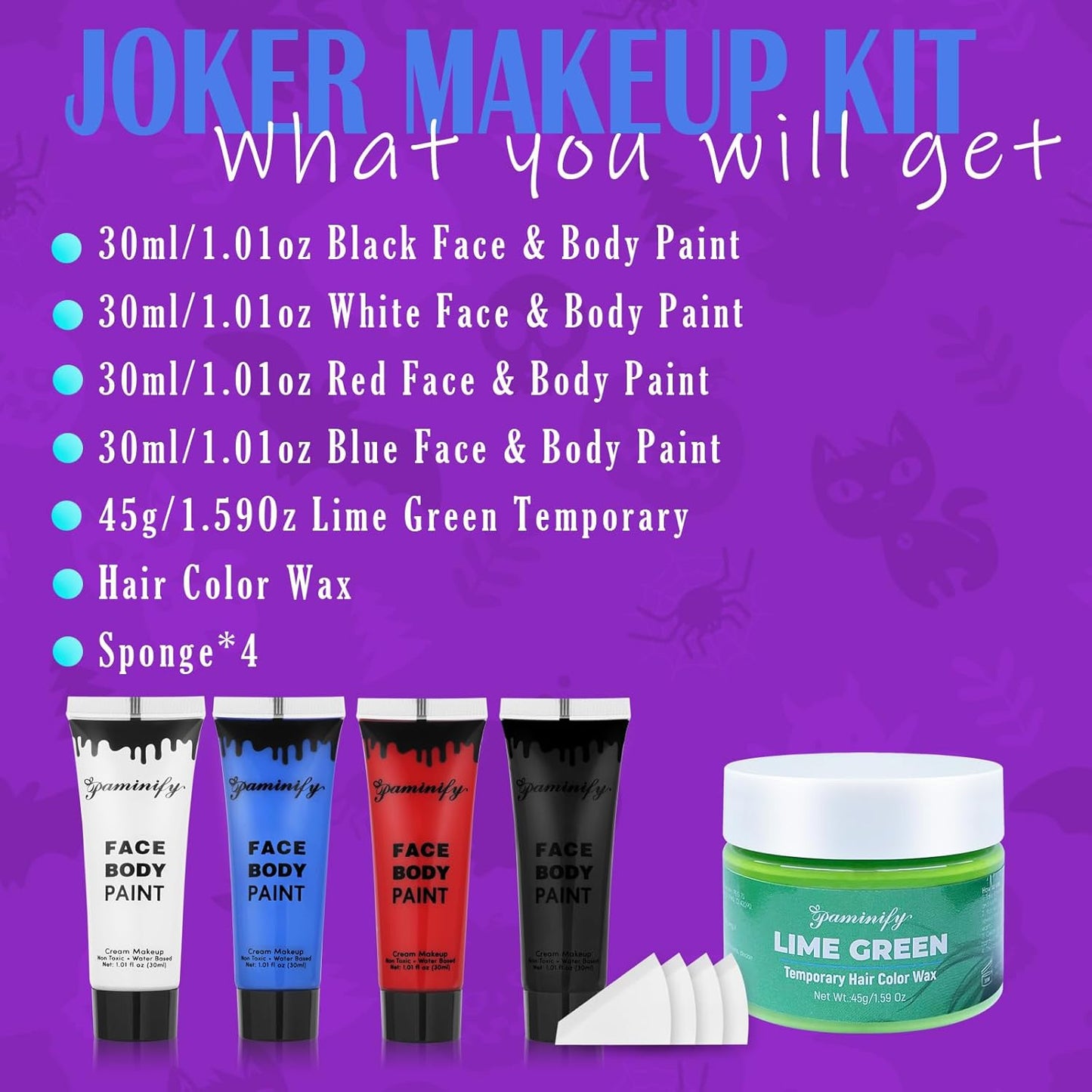 Halloween Joker Clown Makeup Kit,Red White Blue Black Face Body Paint+Lime Green Temporary Hair Wax+4 pcs sponge,Water-Based Face Painting for Clown Skull Devil Cosplay Costume SFX Makeup Set