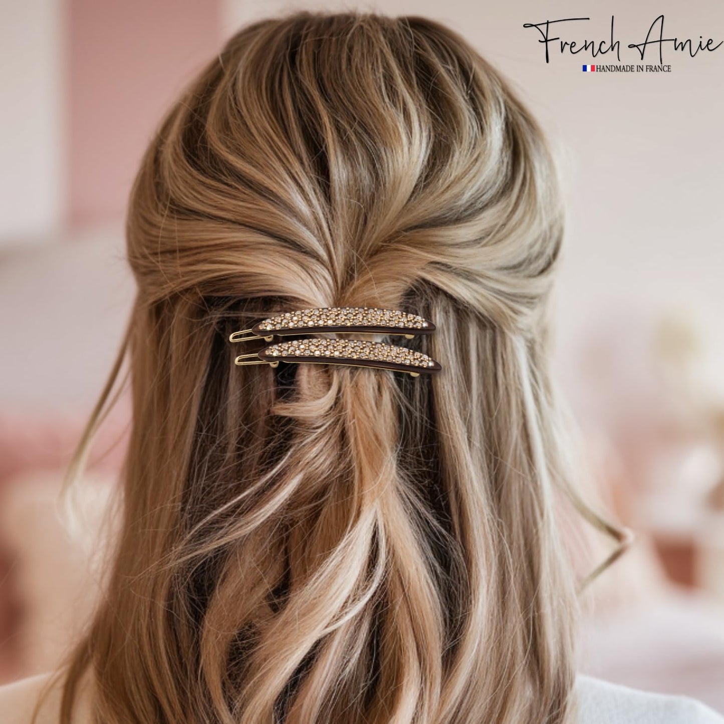 French Amie Narrow Oblong Small 2 1/4" Celluloid Acetate Set of 2 Side Slide In Hair Clip Barrettes with Tige Boule Clasp for Girls and Women, Made in France (Tortoise Shell)