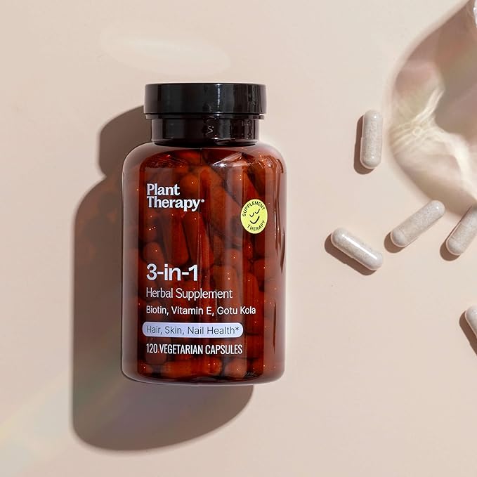 Plant Therapy 3-in-1 Herbal Supplement Capsules, Radiant Skin, Hair Growth, Strong Nails, Potent 3,500 mcg of Biotin, 120 Vegetarian Capsules (4 Month Supply), Made in The USA