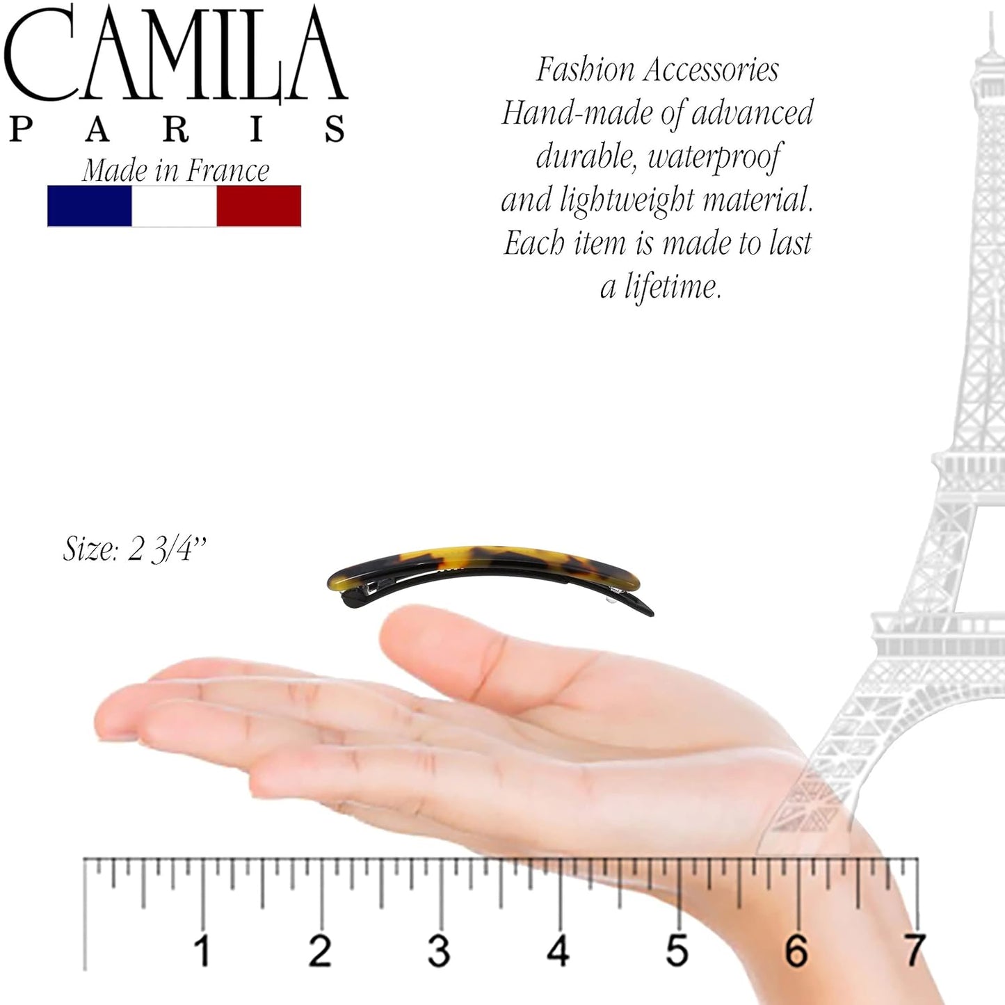 Camila Paris CP3372 French Hair Barrettes Clips for Women, Handmade, Girls Side Slide-in Barrette Clip, Hair Accessories for Women. Strong Hold No Slip Grip Fashion Durable Styling, Made in France