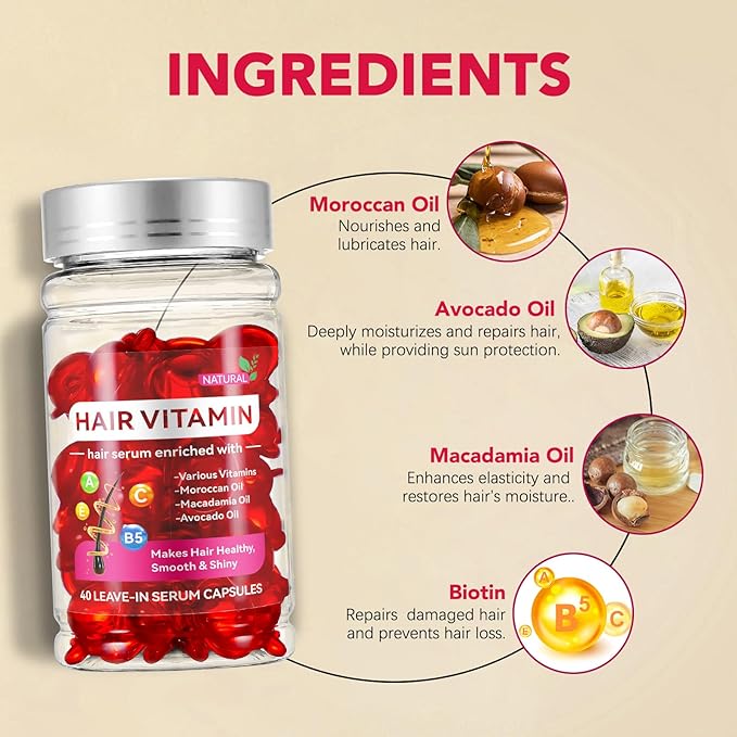 Hair Treatment Serum, 40 Pcs Hair Vitamin Serum Capsule, Restores Dry Frizzy Hair, Hair Oil Capsules Rich in Vitamin A C E B5, with Moroccan/Macadamia/Avocado Oil for Hair Repair(Box-Packed)