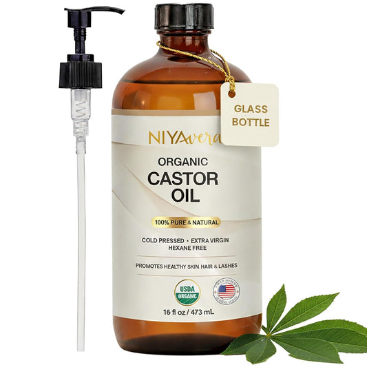 Niyavera Organic Castor Oil USDA Certified 16oz - 100% Pure Golden Cold Pressed Unrefined Hexane Free for Hair Growth, Eyelashes, Eyebrows, Skin - Glass Bottle with Pump