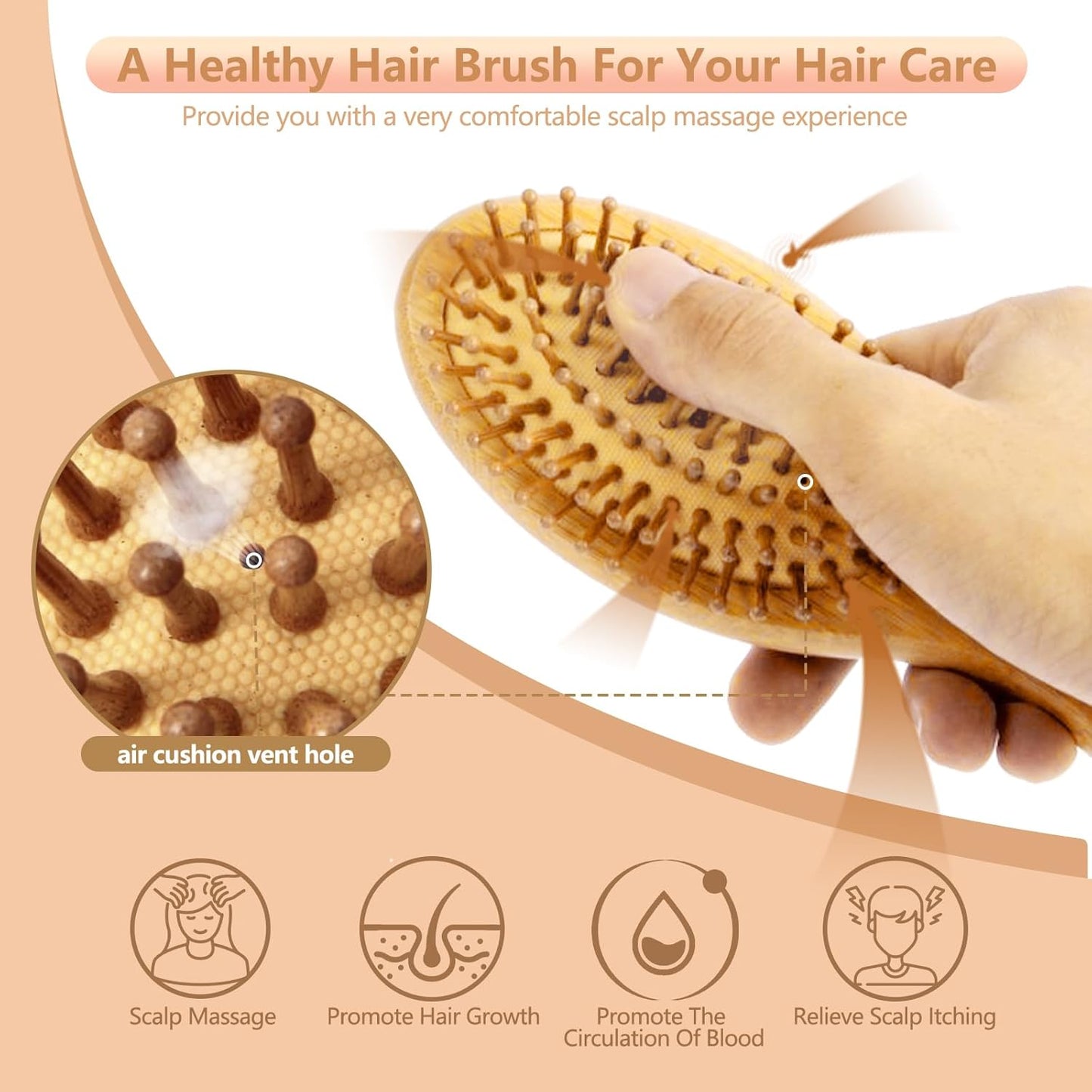 Bamboo Hair Brush for Hair Growth, Detangling & Scalp Massage, Natural Wooden Paddle Hair Brushes for Women Men Kids, Ergonomic Hairbrush Reduces Breakage, Frizz & Tangle, for All Hair Types