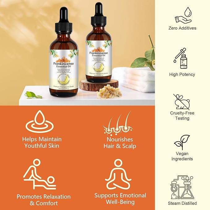 Premium Frankincense Essential Oil 2PCS– 100% Pure & Natural, Therapeutic Grade for Skin, Face & Aromatherapy | Best Frankincense Oil for Face, Wrinkles & Scars | Deeply Nourishing