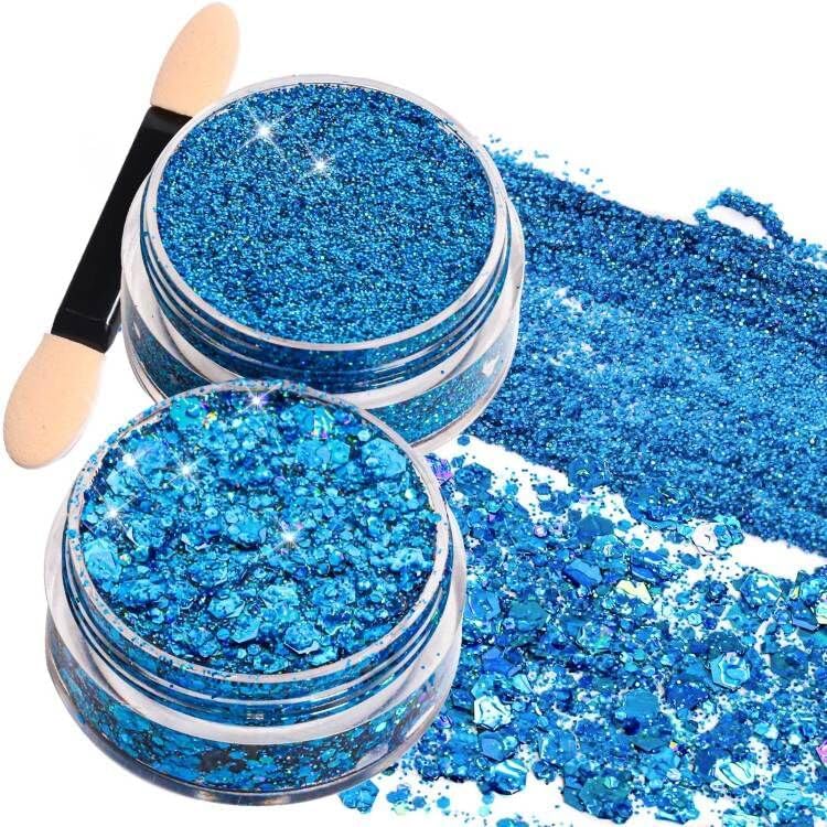 Teenitor Face Glitter, 2pcs Blue Body Glitter Gel, 20g/0.7oz Makeup Glitter for Face, Body, Eye, Hair Glitter Gel, Blue Glitter in 2 Sizes