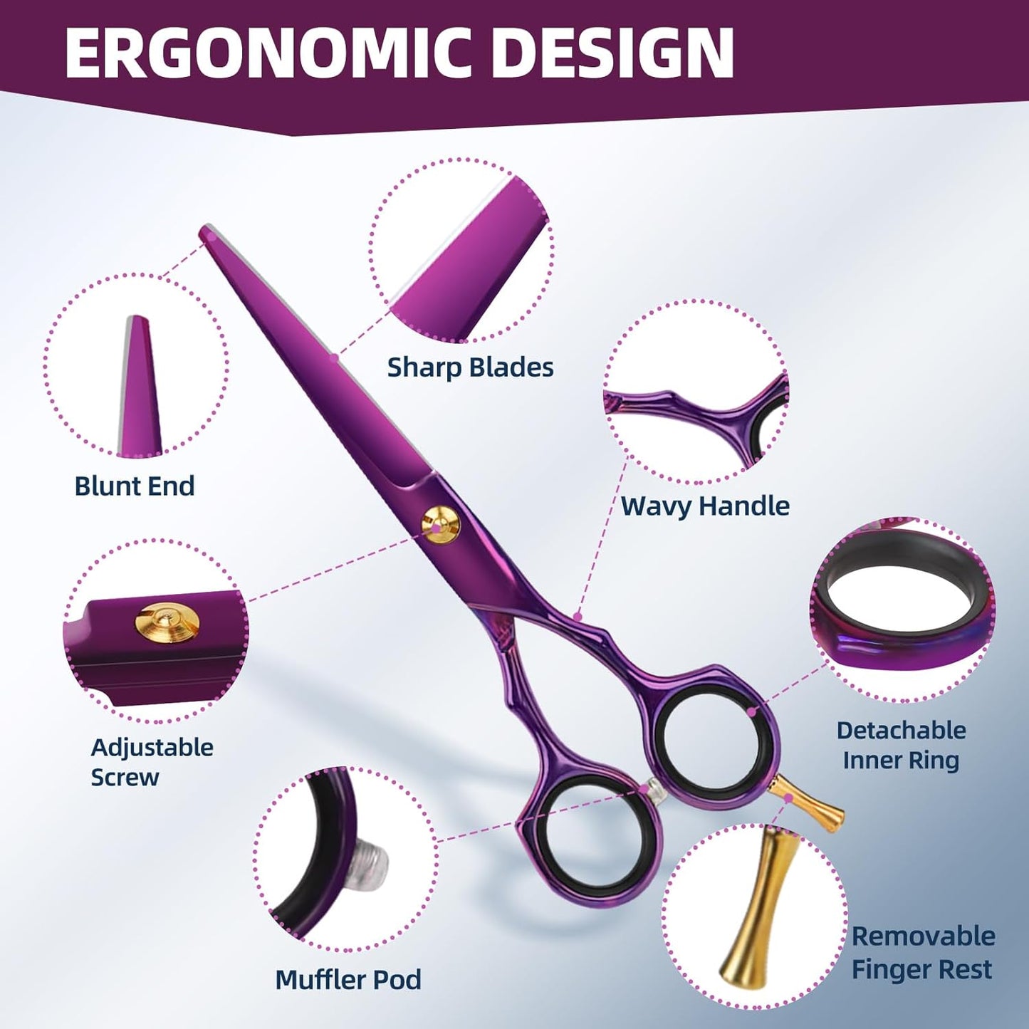 Professional Hair Cutting Scissors - 9 PCS Haircut Scissors Set with 29-Tooth Thinning Shears and Straight Shears for Men Women Home Salon Barber (6.5", Purple)