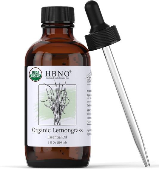 HBNO Organic Lemongrass Essential Oil - Huge 4 oz (120ml) Value Size - USDA Certified Organic Lemongrass Essential Oil, Perfect for Aromatherapy, Soap Making, DIY, Diffuser