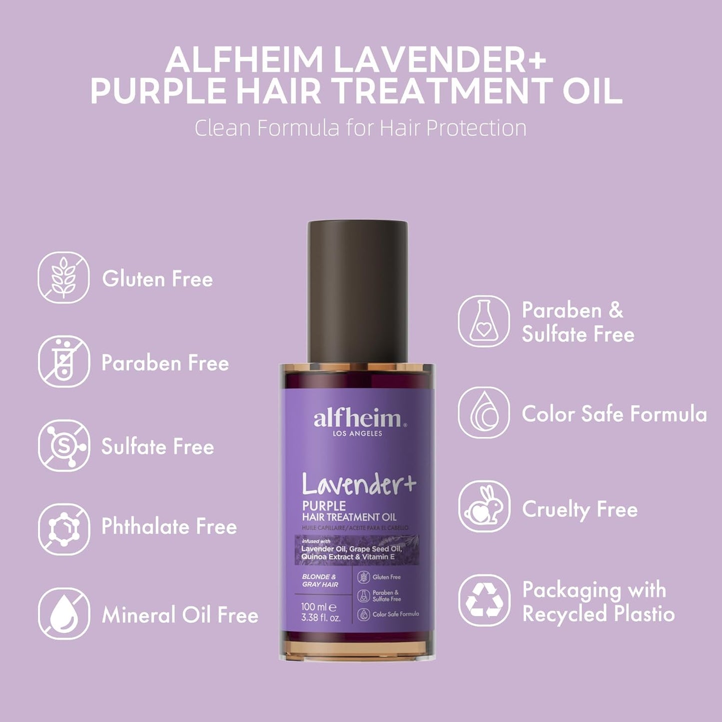 ALFHEIM Lavender+ Purple Hair Oil for Blonde, Silver & Color-Treated Hair – Anti-Brass & Frizz Control Serum – Restores Shine, Smoothness & Cool Radiance – with Grape Seed Oil – 3.38 oz / 100 ml