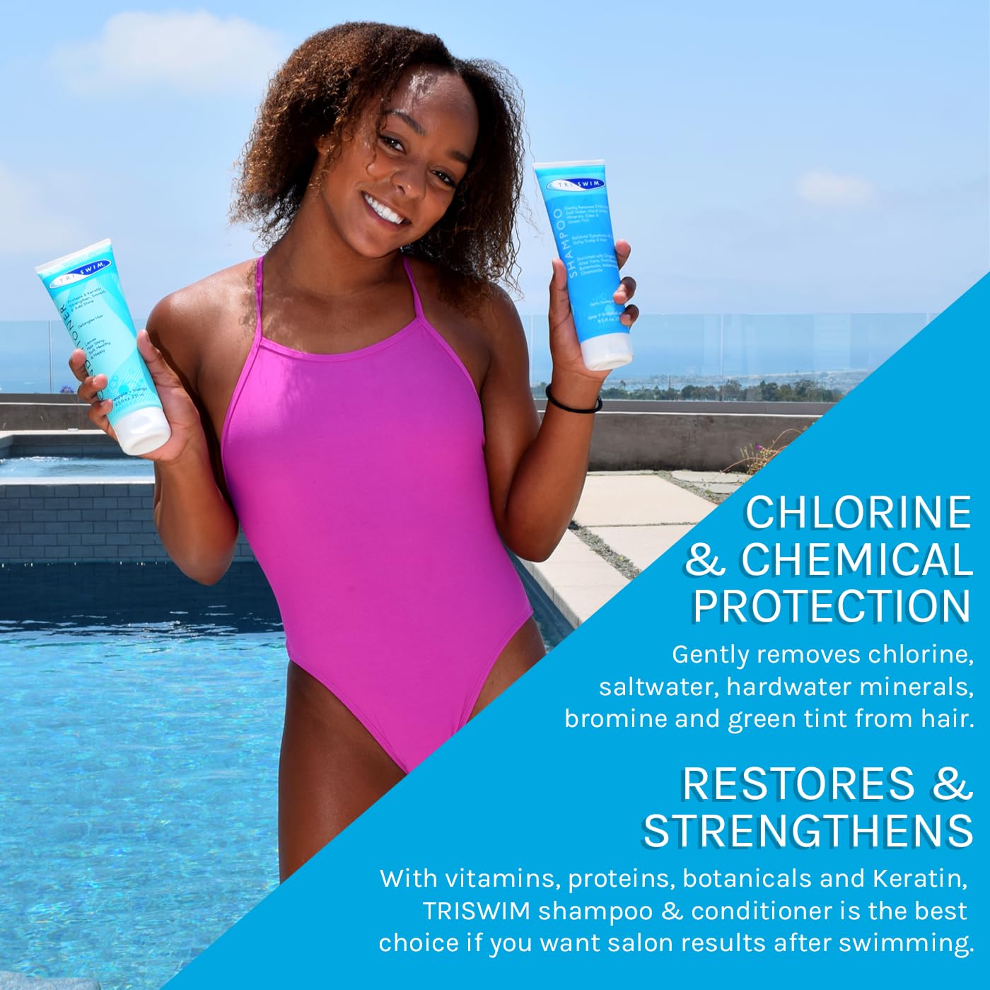 TRISWIM Hair Care Gift Set | Chlorine Shampoo and Conditioner for Swimmers, 8.5 fl oz | Paraben-Free with Aloe Vera and Chamomile | Restores Chlorine-Damaged Hair | Includes Body wash & Lotion Samples