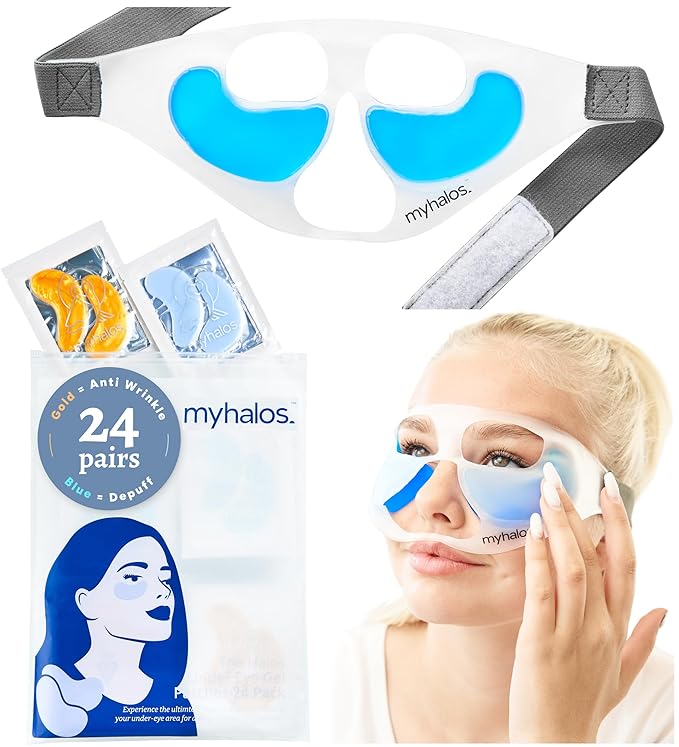 MyHalos Patented Eye Ice Pack for Puffy Eyes Set - Under Eye Masks for Dark Circles and Puffiness- 24 Eye Patches for Wrinkles - Under Eye Ice Pack With Under Eye Patches - Cold Eye Mask for Puffiness