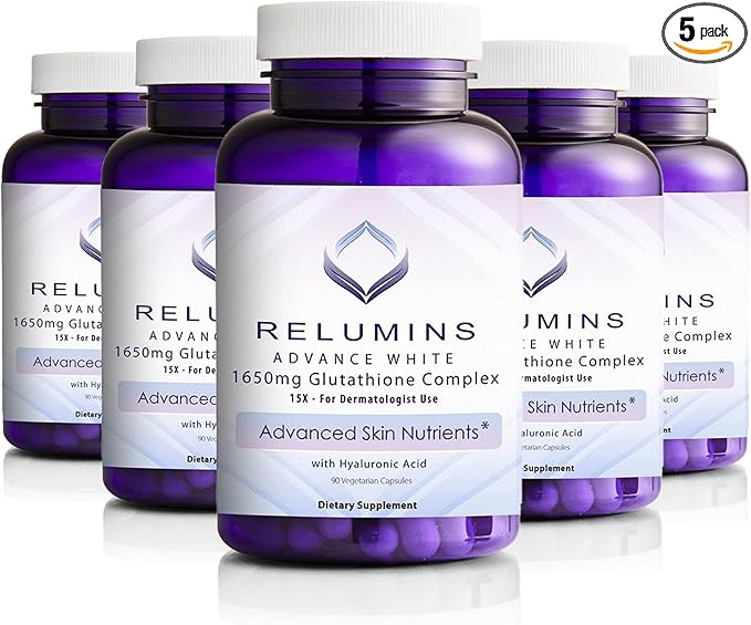 Relumins 1650mg L-Glutathione Complex with Hyaluronic Acid, Alpha Lipoic Acid, Rose HIPS, Vitamin E & Riboflavin – Antioxidant Support, Skin Hydration & Wellness – 90 Veggie Capsules x 5 Bottles