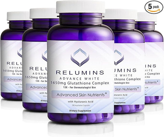 Relumins 1650mg L-Glutathione Complex with Hyaluronic Acid, Alpha Lipoic Acid, Rose HIPS, Vitamin E & Riboflavin – Antioxidant Support, Skin Hydration & Wellness – 90 Veggie Capsules x 5 Bottles