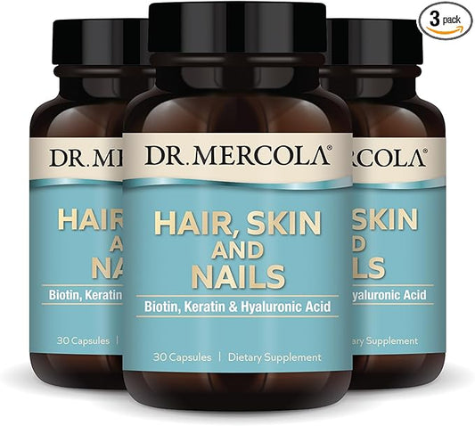 Dr. Mercola Hair, Skin & Nails (3 Pack) 30 Capsules (30 Servings), with Biotin, Solubilized Keratin, and Low Density Hyaluronic Acid, Non GMO, Gluten Free, Soy Free