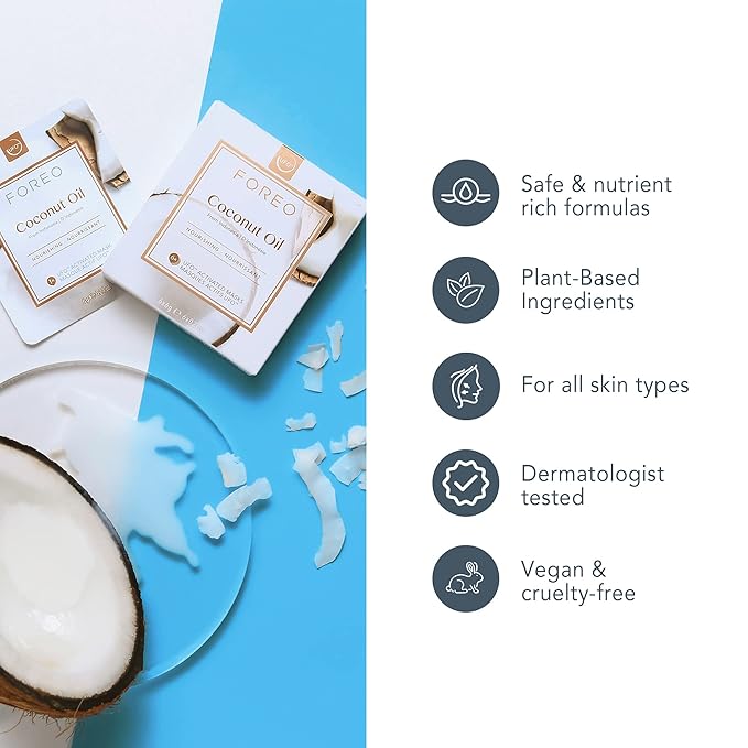 FOREO Coconut Oil Dual UFO Activated Facial Mask for Dehydrated Skin, 6 pack, Nourishing & Hydrating, Coconut Oil & Coconut Water, Cruelty-Free, Clean Formula, Compatible with all UFO devices