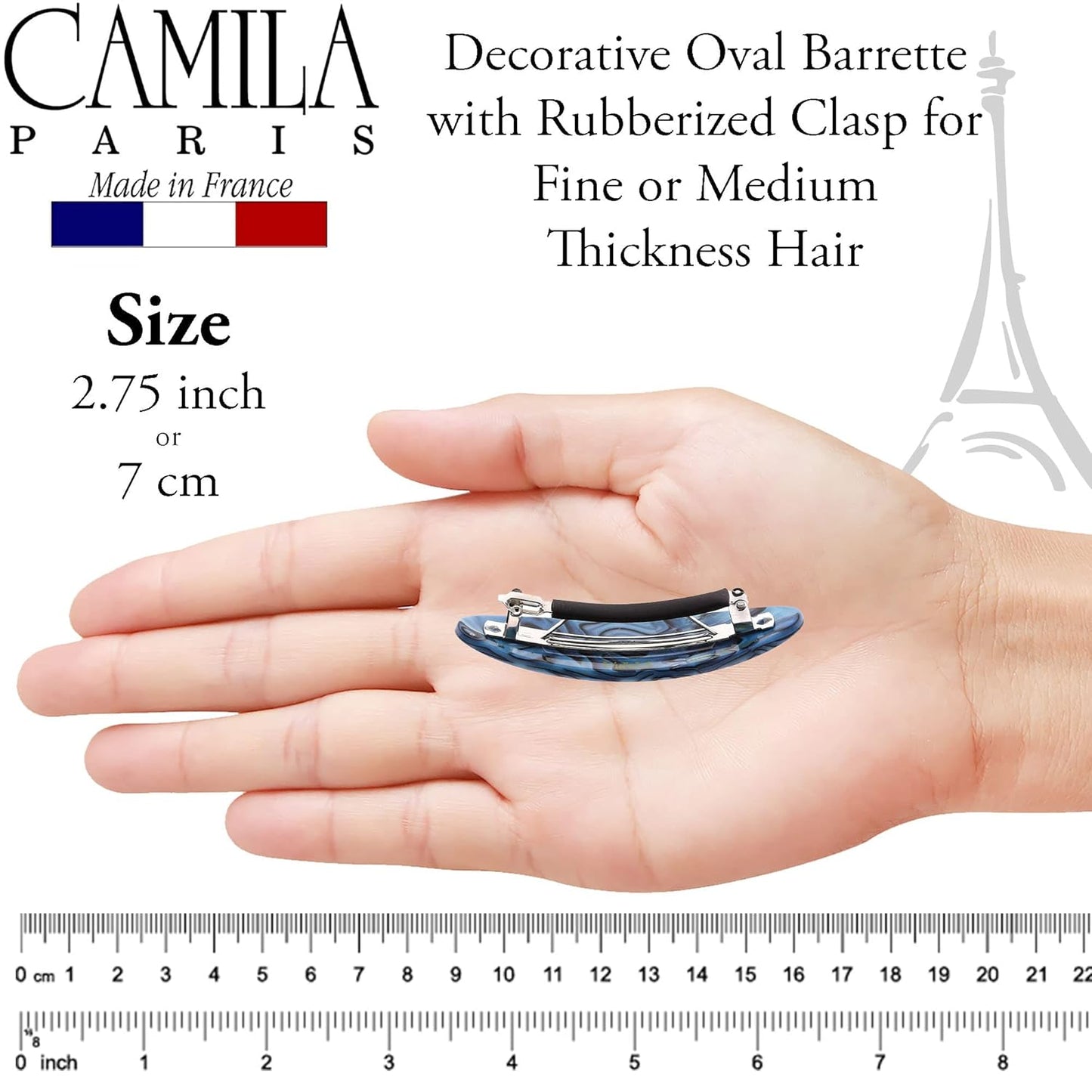 Camila Paris CP2984 French Hair Barrette Clip Handmade Oval Blue, Strong Hold Grip Hair Clips for Women, No Slip Rubberized Metal Closure, Durable Styling Girls Hair Accessories, Made in France