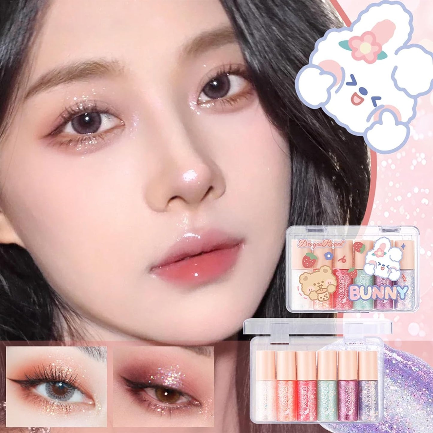 6 Pcs Liquid Glitter Eyeshadow Set Colorful Eyeliner with Long-Lasting and Waterproof Shinning Eye Shadow Gift for Women Eye Makeup (Transparent Bear)