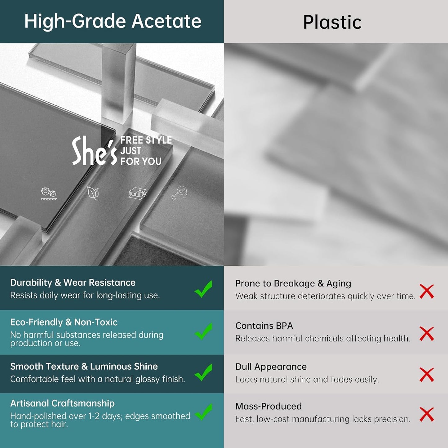 SHE'S FREE STYLE JUST FOR YOU [Chanel-style] Hair Barrettes for Women, Acetate Resin Barettes, Classic Black & White, French Hair Accessories, Anti-Slip for Half-Hair Decoration (Tortoise,3.4 inch)