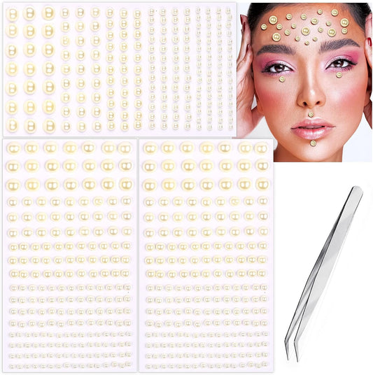 591pcs Face Gems Hair Gems Pearls, Self-Adhesive Face Jewels Eye Rhinestones 3/4/5/6/8 mm Face Gem Stick on, Halloween Makeup Gems Rave Accessories for Face Eyes Body Makeup (03.Beige Pearl)